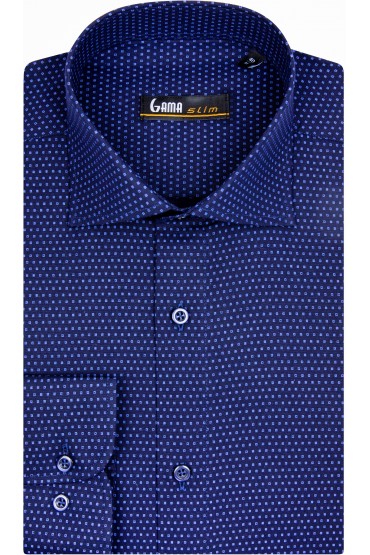 Camasa bleumarin cu maneca lunga 100% bumbac slim cu imprimeuri