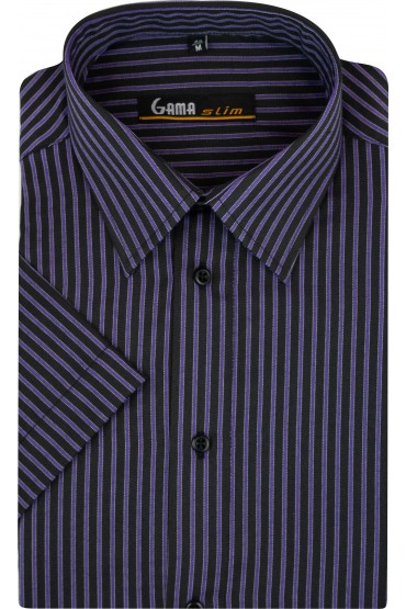 Camasa cu maneca scurta slim bleumarin cu dungi mov