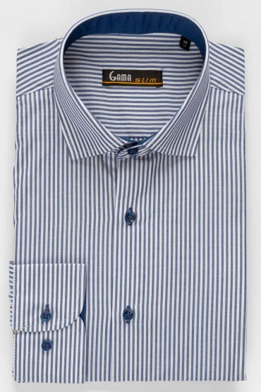 Camasa slim fit alba cu dungi bleumarin