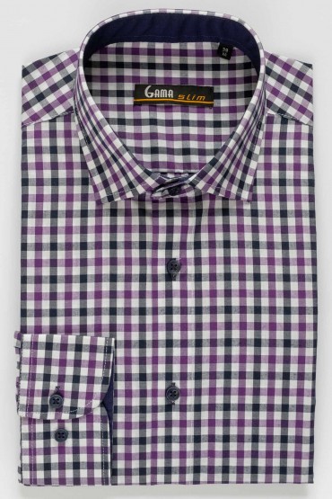 Camasa casual mov slim fit cu carouri