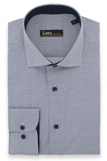 Camasa casual slim fit alba cu imprimeuri bleumarin geometrice