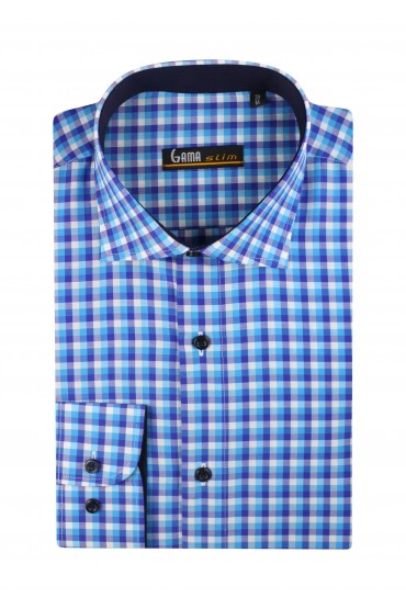 Camasa cu maneca lunga slim turcoaz cu carouri